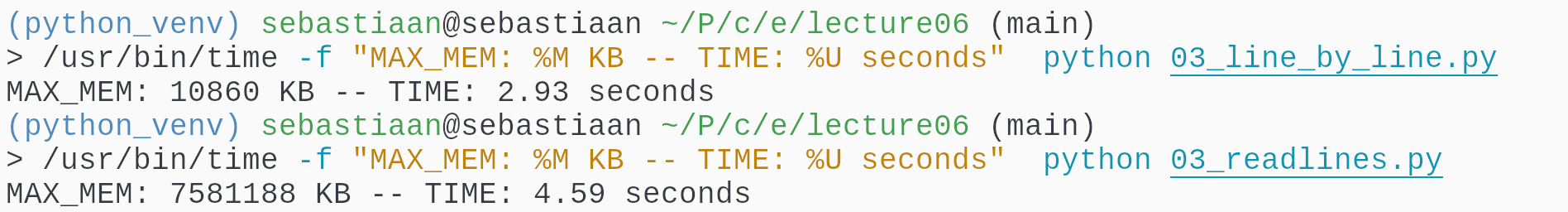 Line by line vs readlines benchmark